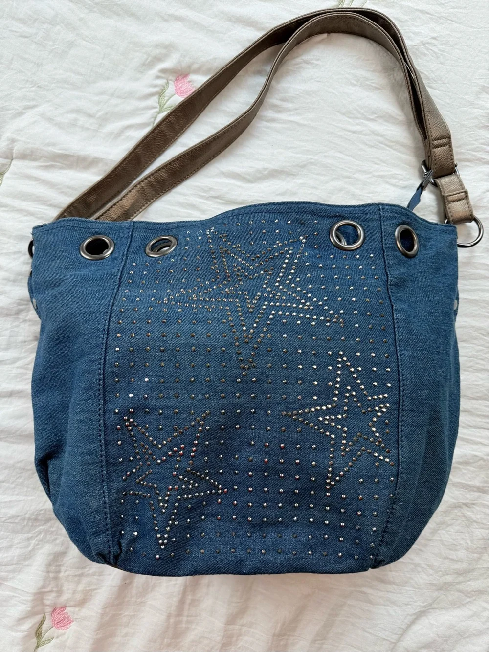 Jean Denim Y2K Vintage Star Rhinestone Studded Metallic Shoulder Bag